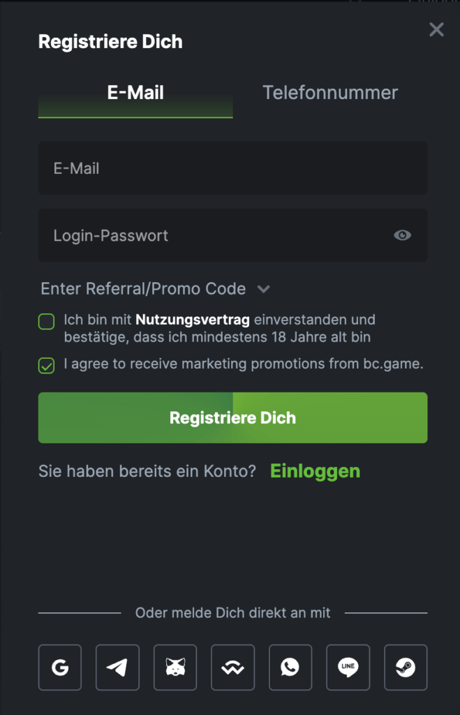 Registrierung über die BC Game App